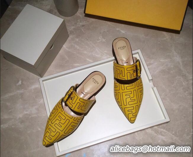 Low Cost Fendi FF Leather Flat Mules with Buckle Band 92114 Yellow