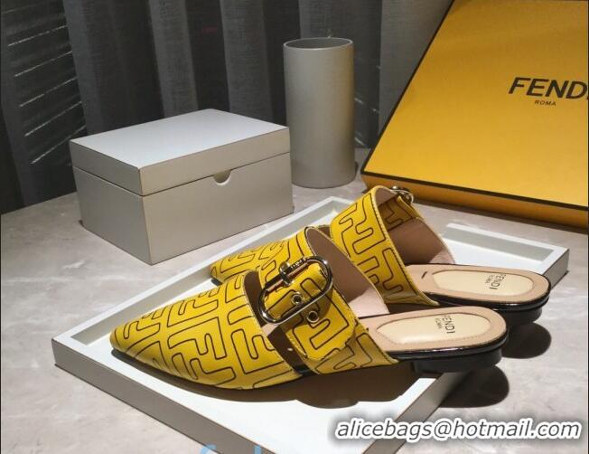 Low Cost Fendi FF Leather Flat Mules with Buckle Band 92114 Yellow