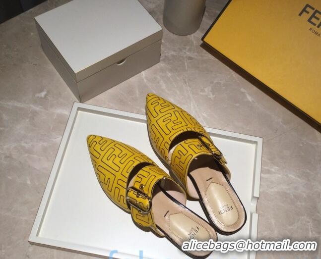 Low Cost Fendi FF Leather Flat Mules with Buckle Band 92114 Yellow