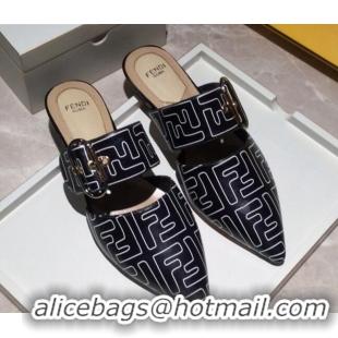 Top Design Fendi FF Leather Flat Mules with Buckle Band 92114 Black