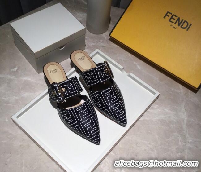 Top Design Fendi FF Leather Flat Mules with Buckle Band 92114 Black