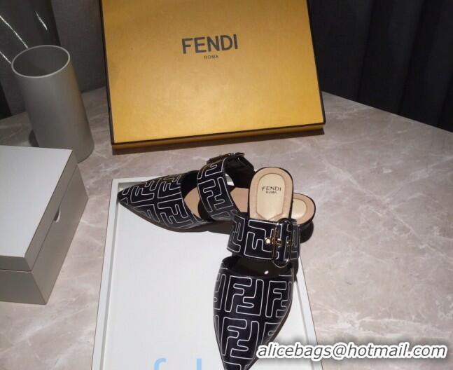 Top Design Fendi FF Leather Flat Mules with Buckle Band 92114 Black