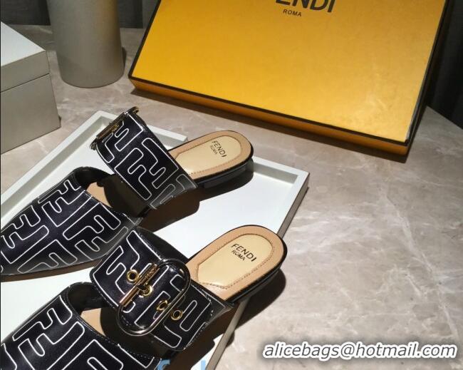 Top Design Fendi FF Leather Flat Mules with Buckle Band 92114 Black