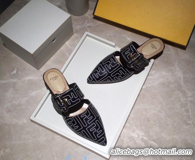 Top Design Fendi FF Leather Flat Mules with Buckle Band 92114 Black