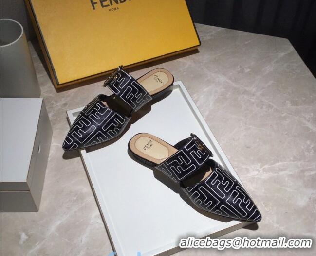 Top Design Fendi FF Leather Flat Mules with Buckle Band 92114 Black