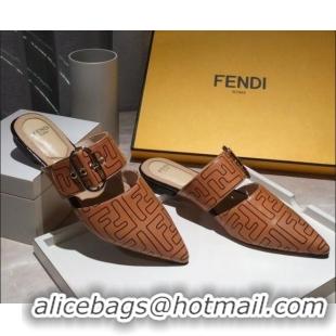 Sumptuous Fendi FF Leather Flat Mules with Buckle Band 92114 Brown