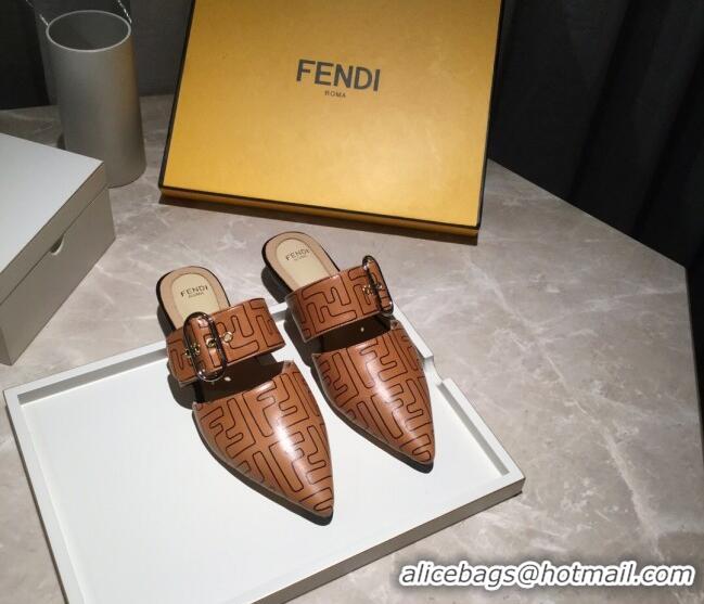 Sumptuous Fendi FF Leather Flat Mules with Buckle Band 92114 Brown