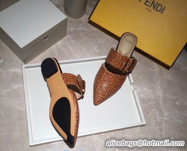 Sumptuous Fendi FF Leather Flat Mules with Buckle Band 92114 Brown