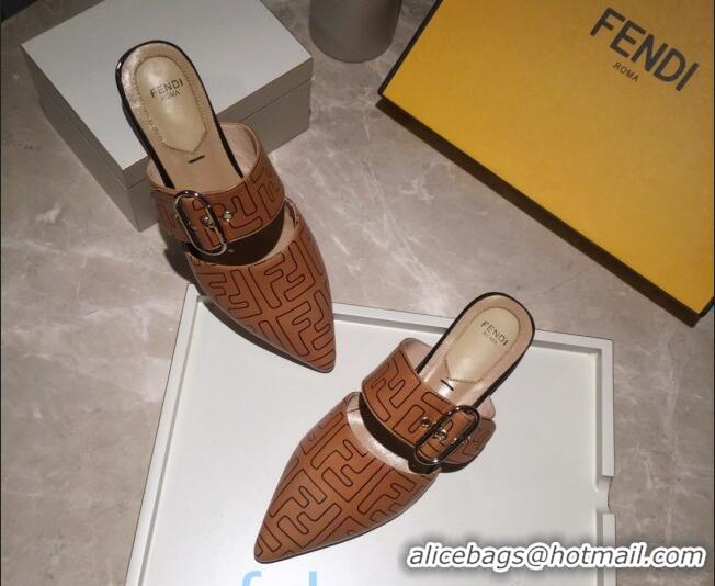 Sumptuous Fendi FF Leather Flat Mules with Buckle Band 92114 Brown