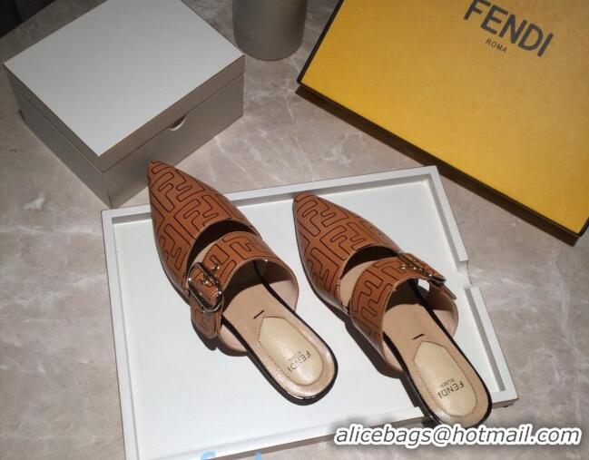 Sumptuous Fendi FF Leather Flat Mules with Buckle Band 92114 Brown