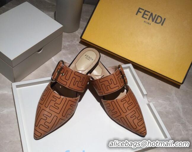 Sumptuous Fendi FF Leather Flat Mules with Buckle Band 92114 Brown