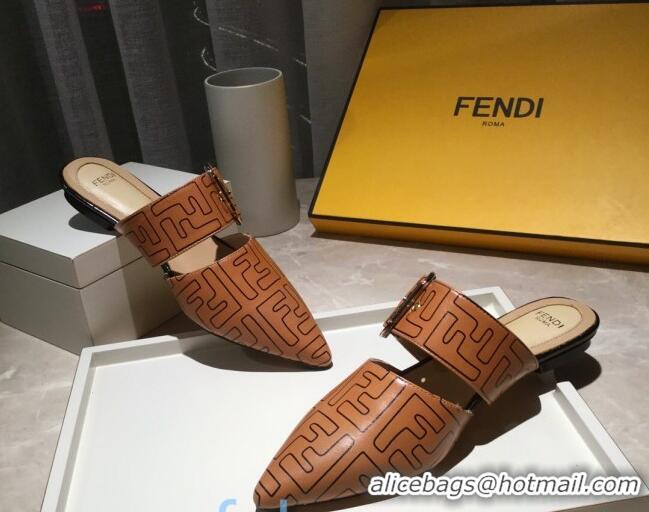 Sumptuous Fendi FF Leather Flat Mules with Buckle Band 92114 Brown