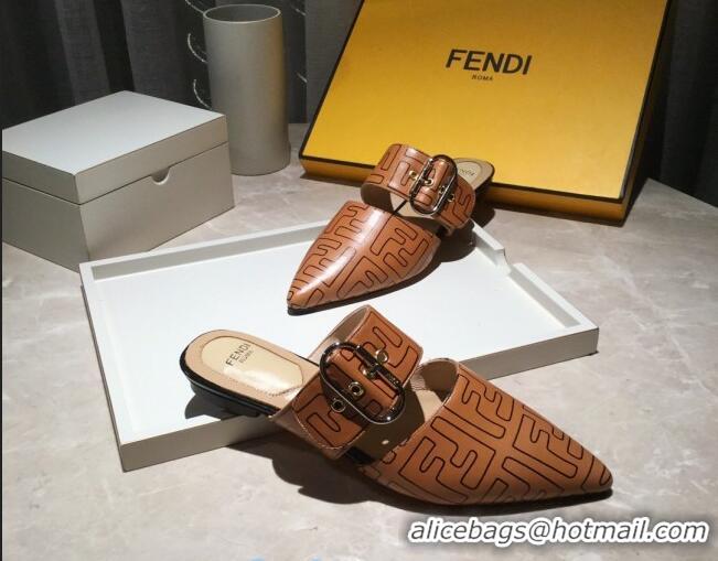 Sumptuous Fendi FF Leather Flat Mules with Buckle Band 92114 Brown