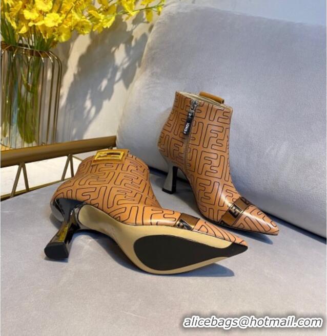 Good Quality Fendi Baguette FF Leather Heel Short Boots 92118 Brown