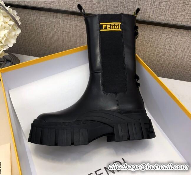 Top Grade Fendi Calfskin Platform Short Boots with FENDI Embroidered 120403 Black/Yellow