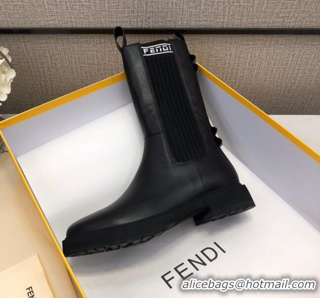 Low Price Fendi Calfskin Knit Short Boots with FENDI Embroidered Black/White 120406