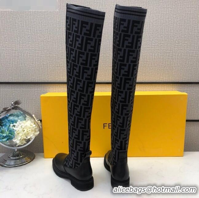 Durable Fendi FF Knit Sock Over- Knee High Boots Black/Grey 20407