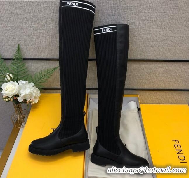 Shop Duplicate Fendi Knit Sock Over- Knee High Boots Black/White 20408