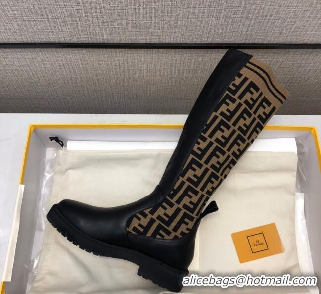 New Style Fendi Calfskin FF Knit Sock Medium High Boots Black/Brown 20409