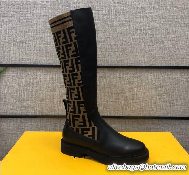 New Style Fendi Calfskin FF Knit Sock Medium High Boots Black/Brown 20409