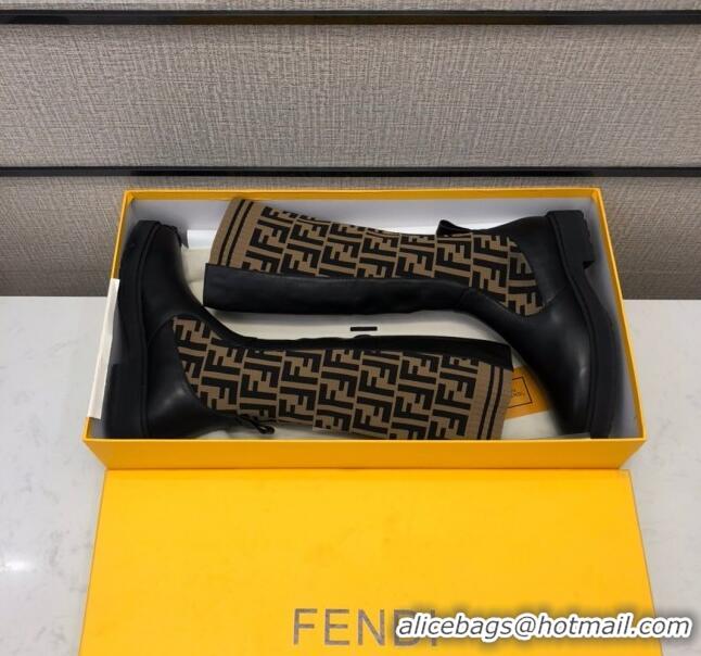 New Style Fendi Calfskin FF Knit Sock Medium High Boots Black/Brown 20409