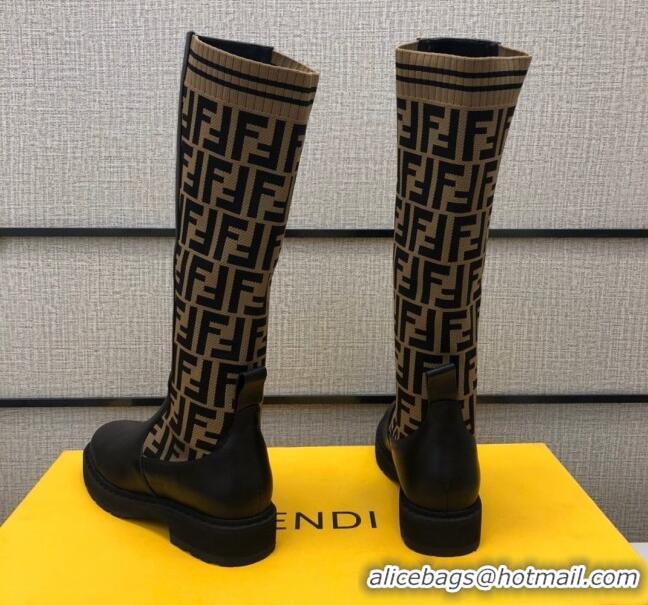 New Style Fendi Calfskin FF Knit Sock Medium High Boots Black/Brown 20409