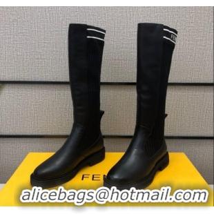 Low Price Fendi Calfskin Knit Sock Medium High Boots Black/White 20410