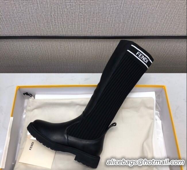 Low Price Fendi Calfskin Knit Sock Medium High Boots Black/White 20410