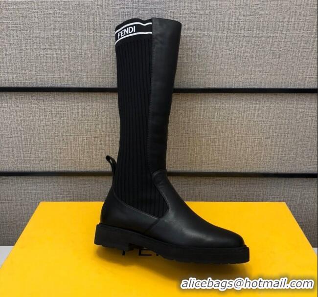 Low Price Fendi Calfskin Knit Sock Medium High Boots Black/White 20410