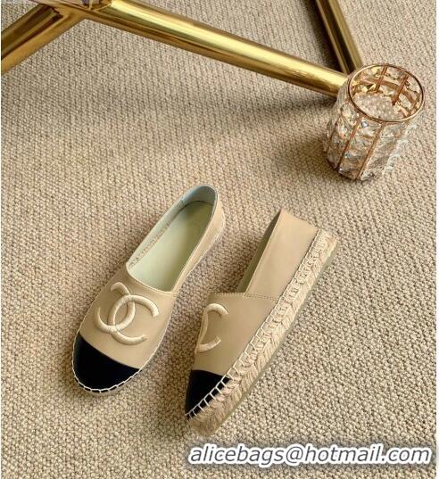 Top Quality New Chanel Leather Embroidered CC Espadrilles G20113 Beige 2020