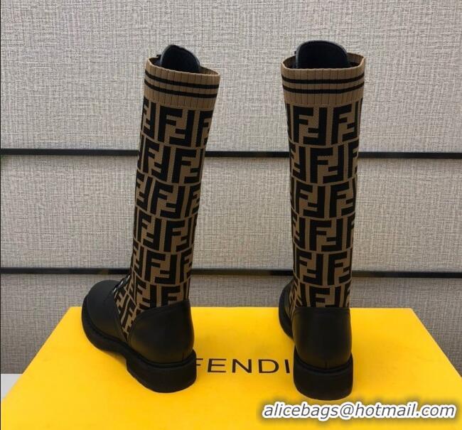 Classic Hot Fendi Matte Calfskin FF Knit Sock Medium High Boots 120412 Brown