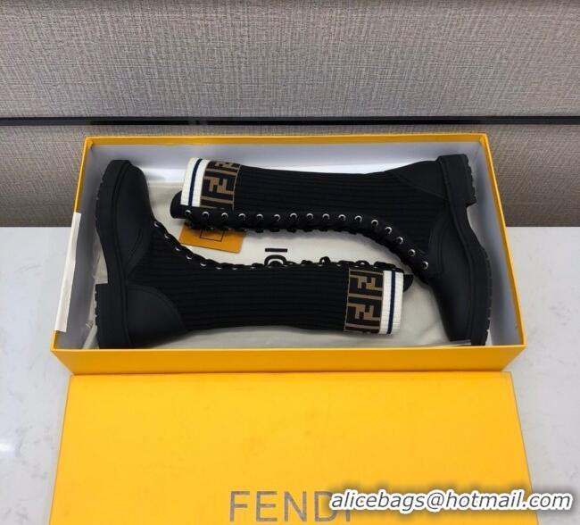 Unique Style Fendi Matte Calfskin FF Knit Sock Medium High Boots 120412 Black