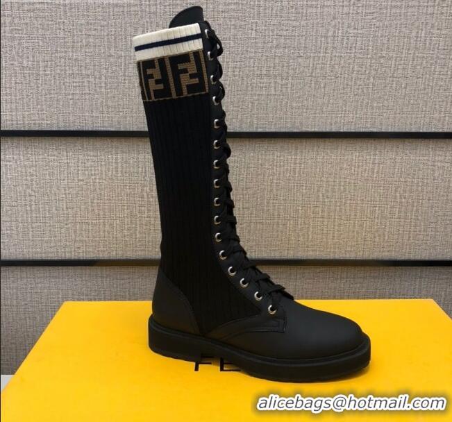 Unique Style Fendi Matte Calfskin FF Knit Sock Medium High Boots 120412 Black