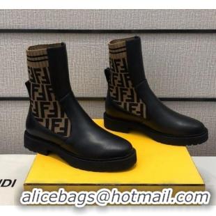 Top Quality Fendi Soft Calfskin FF Knit Sock Short Boots 120415 Black/Brown