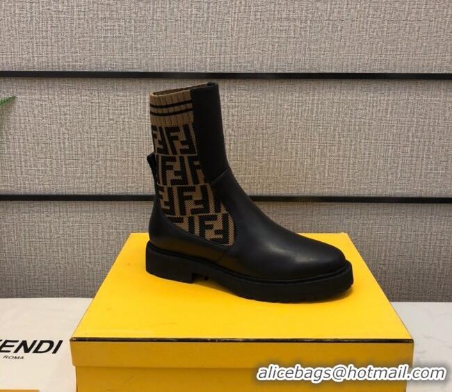 Top Quality Fendi Soft Calfskin FF Knit Sock Short Boots 120415 Black/Brown