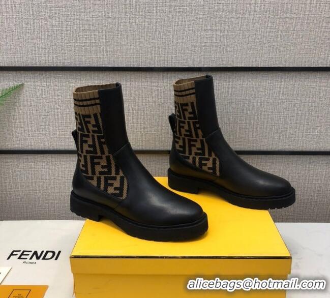 Top Quality Fendi Soft Calfskin FF Knit Sock Short Boots 120415 Black/Brown