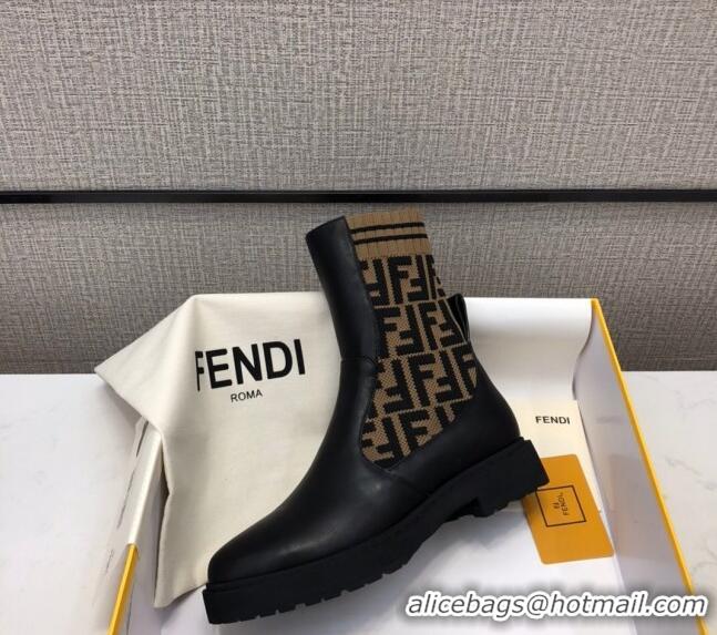 Top Quality Fendi Soft Calfskin FF Knit Sock Short Boots 120415 Black/Brown