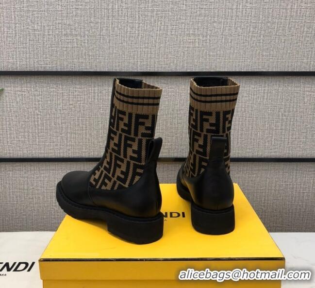 Top Quality Fendi Soft Calfskin FF Knit Sock Short Boots 120415 Black/Brown