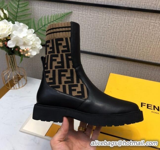 Top Quality Fendi Soft Calfskin FF Knit Sock Short Boots 120415 Black/Brown