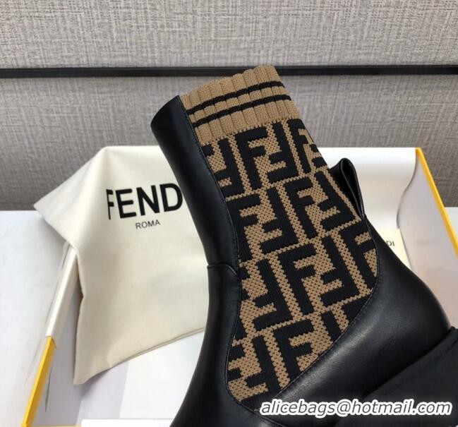 Top Quality Fendi Soft Calfskin FF Knit Sock Short Boots 120415 Black/Brown