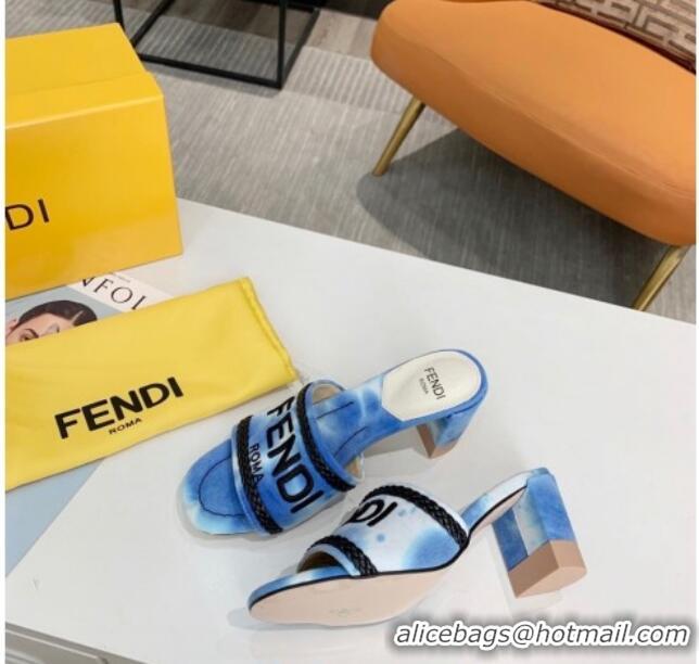 Best Product Fendi Mid-Heel Slide Sandals in Blue Embroidered Silk with Braid Charm 121940