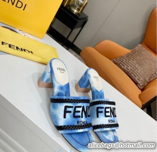 Best Product Fendi Mid-Heel Slide Sandals in Blue Embroidered Silk with Braid Charm 121940