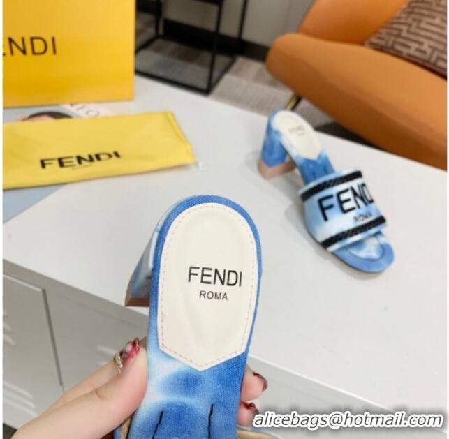 Best Product Fendi Mid-Heel Slide Sandals in Blue Embroidered Silk with Braid Charm 121940