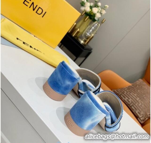 Best Product Fendi Mid-Heel Slide Sandals in Blue Embroidered Silk with Braid Charm 121940