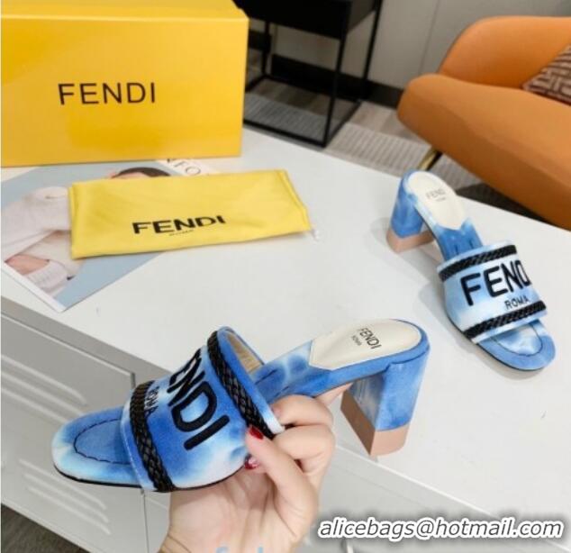 Best Product Fendi Mid-Heel Slide Sandals in Blue Embroidered Silk with Braid Charm 121940