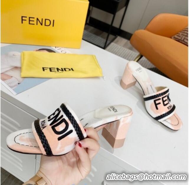 Top Grade Fendi Mid-Heel Slide Sandals in Pink Embroidered Silk with Braid Charm 121941