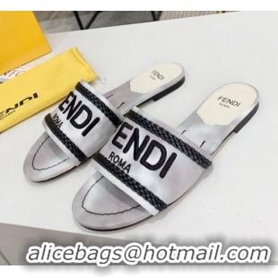 Popular Style Fendi Flat Slide Sandals in Silver Embroidered Silk with Braid Charm 121944