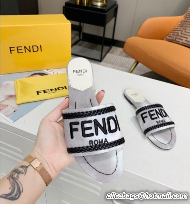 Popular Style Fendi Flat Slide Sandals in Silver Embroidered Silk with Braid Charm 121944