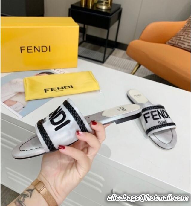 Popular Style Fendi Flat Slide Sandals in Silver Embroidered Silk with Braid Charm 121944