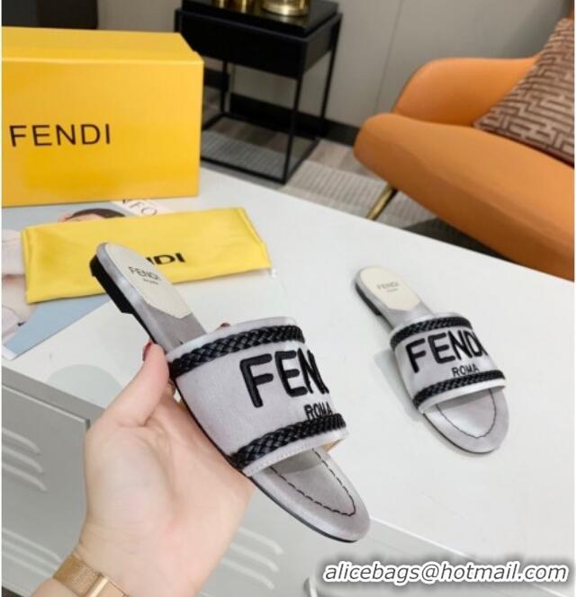 Popular Style Fendi Flat Slide Sandals in Silver Embroidered Silk with Braid Charm 121944